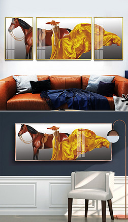 爱马仕风格客厅3联手绘肖像宫廷马装饰画