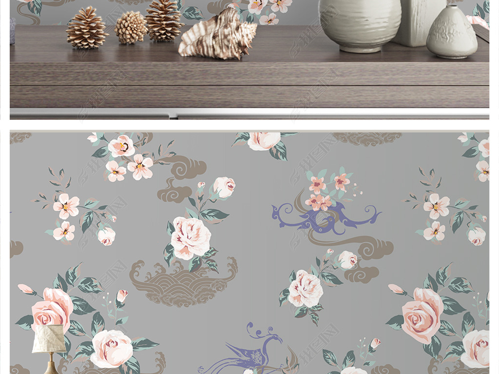 北欧时尚四方连续典雅花卉图案壁纸