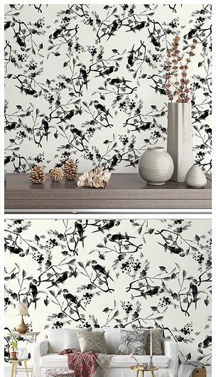 北欧时尚四方连续花鸟图案壁纸