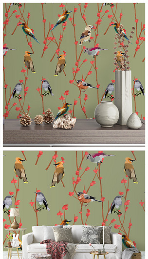 北欧时尚四方连续花鸟图案壁纸