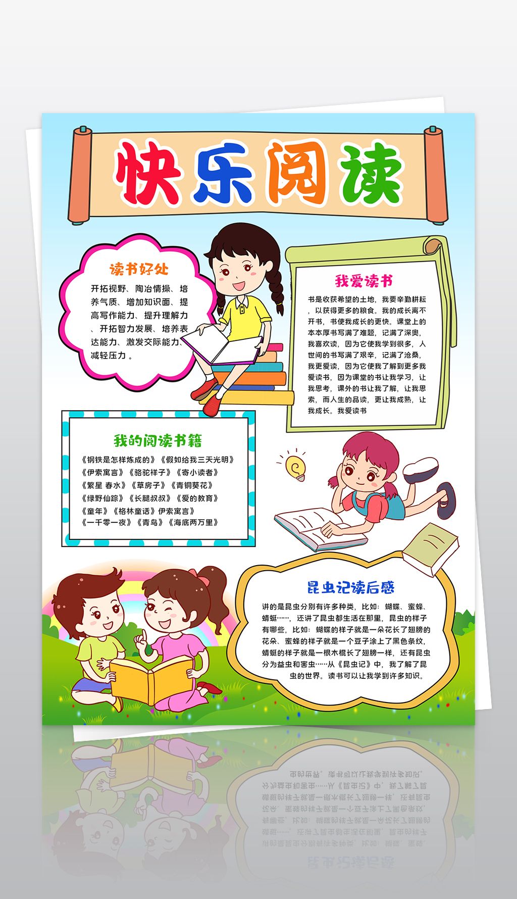 竖版快乐阅读小报寒暑假读书亲子阅读名著读后感手抄报