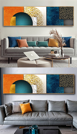 后现代轻奢爱马仕橙几何鎏金横板抽象装饰画