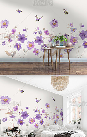 北欧手绘抽象创意植物花朵蝴蝶艺术壁纸卧室背景墙