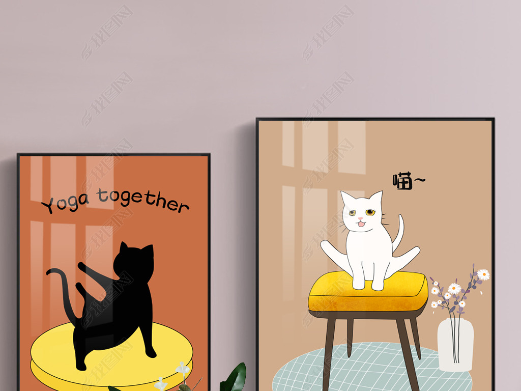 北欧简约创意手绘抽象黑白猫猫客厅餐厅床头情侣装饰画7