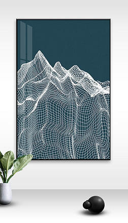 现代时尚简约抽象曲线网格青蓝色肌理山峰艺术装饰画装饰画
