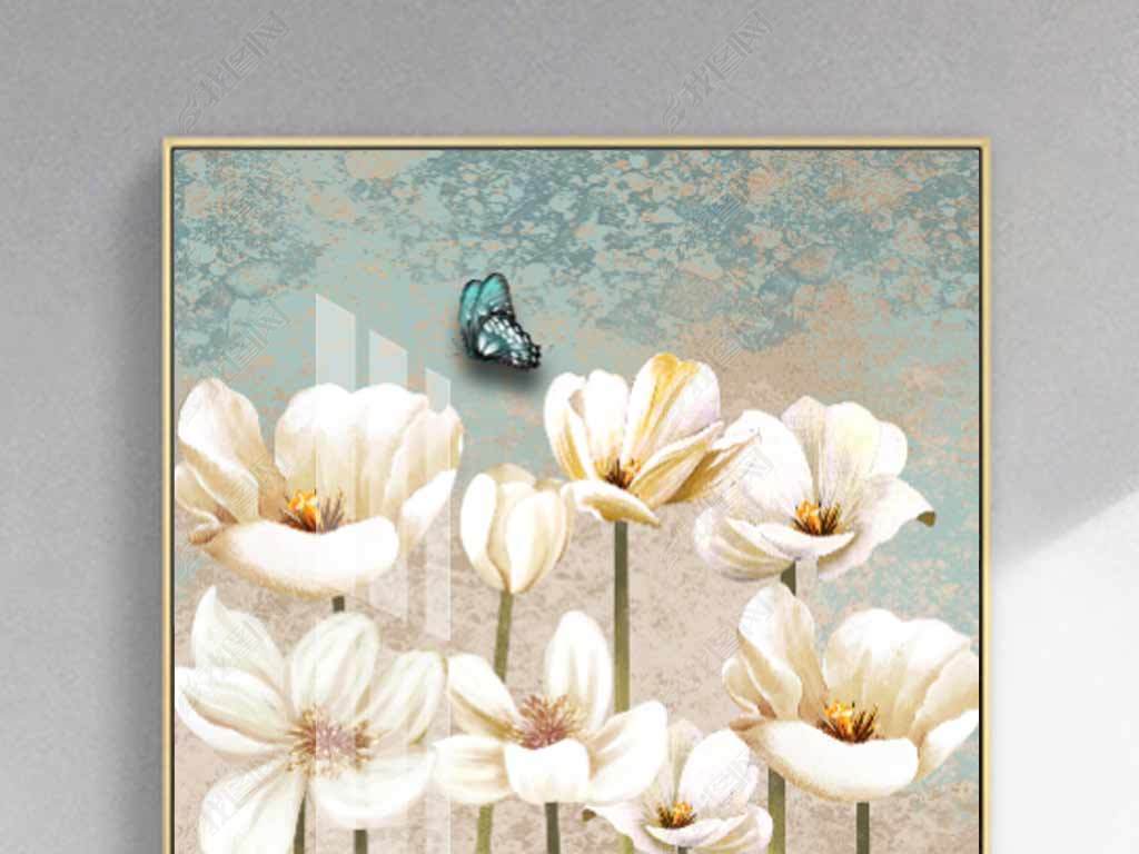 手绘抽象创意轻奢花卉现代简约风景玄关装饰画蝴蝶