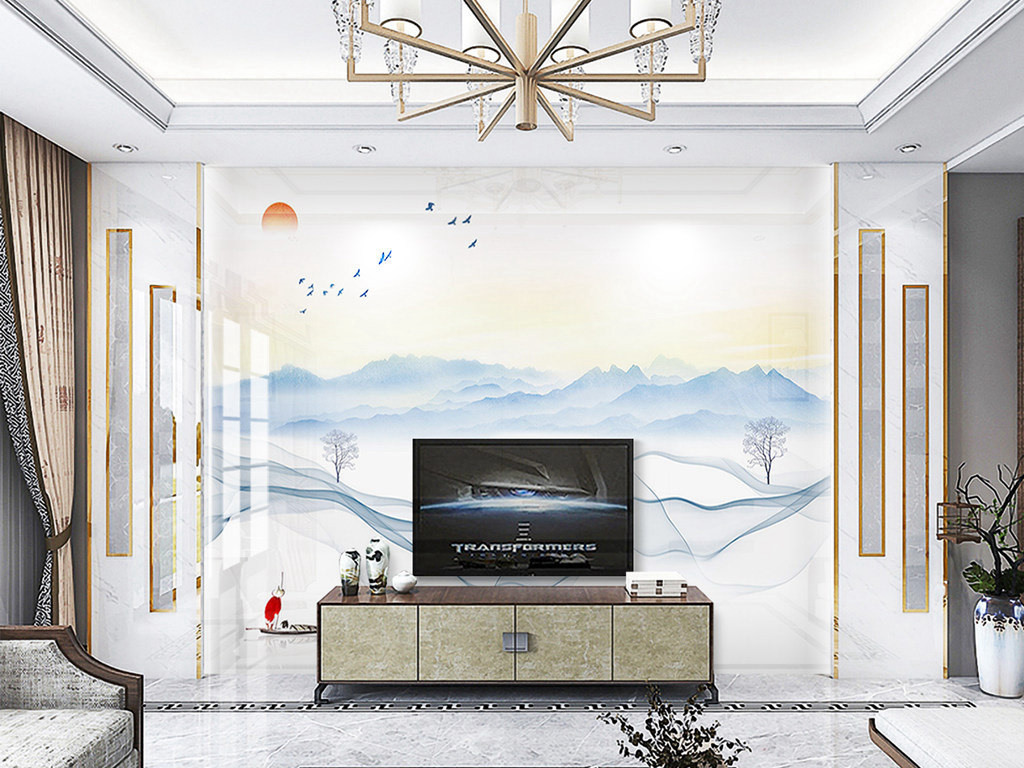 Y110017简约山水红日东升飞鸟背景墙