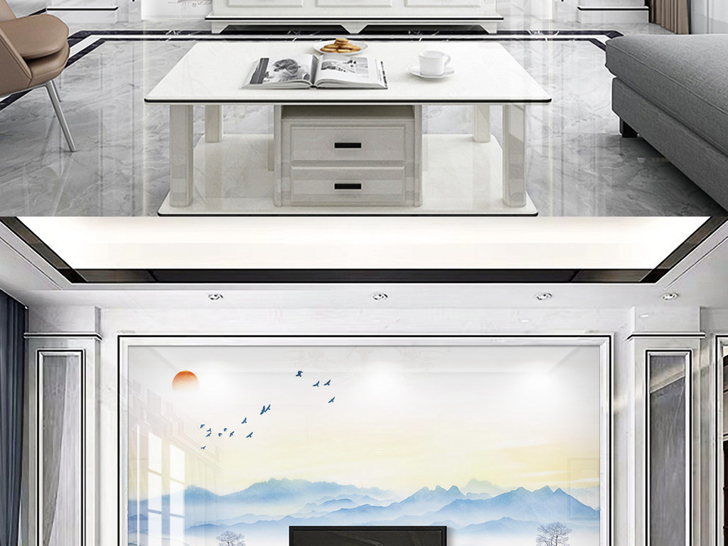 Y110017简约山水红日东升飞鸟背景墙