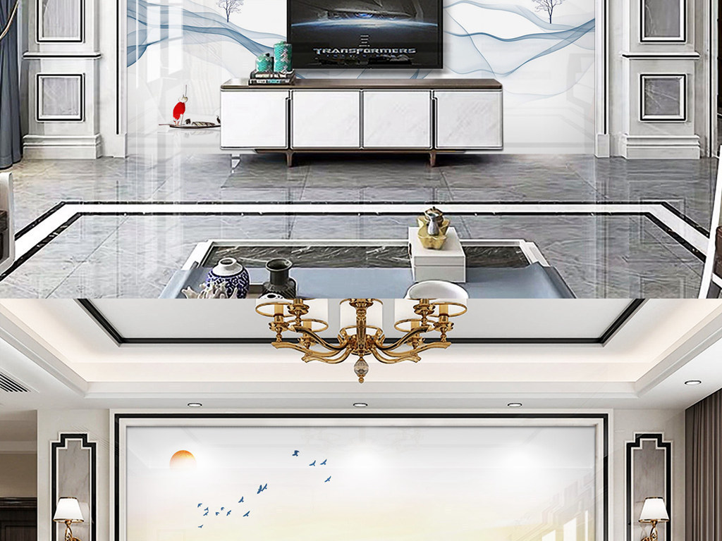 Y110017简约山水红日东升飞鸟背景墙