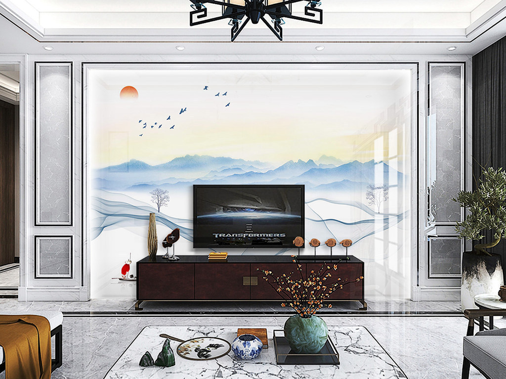 Y110017简约山水红日东升飞鸟背景墙