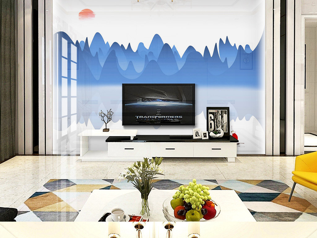 Y110018简约山水淡蓝色红日船电视背景墙