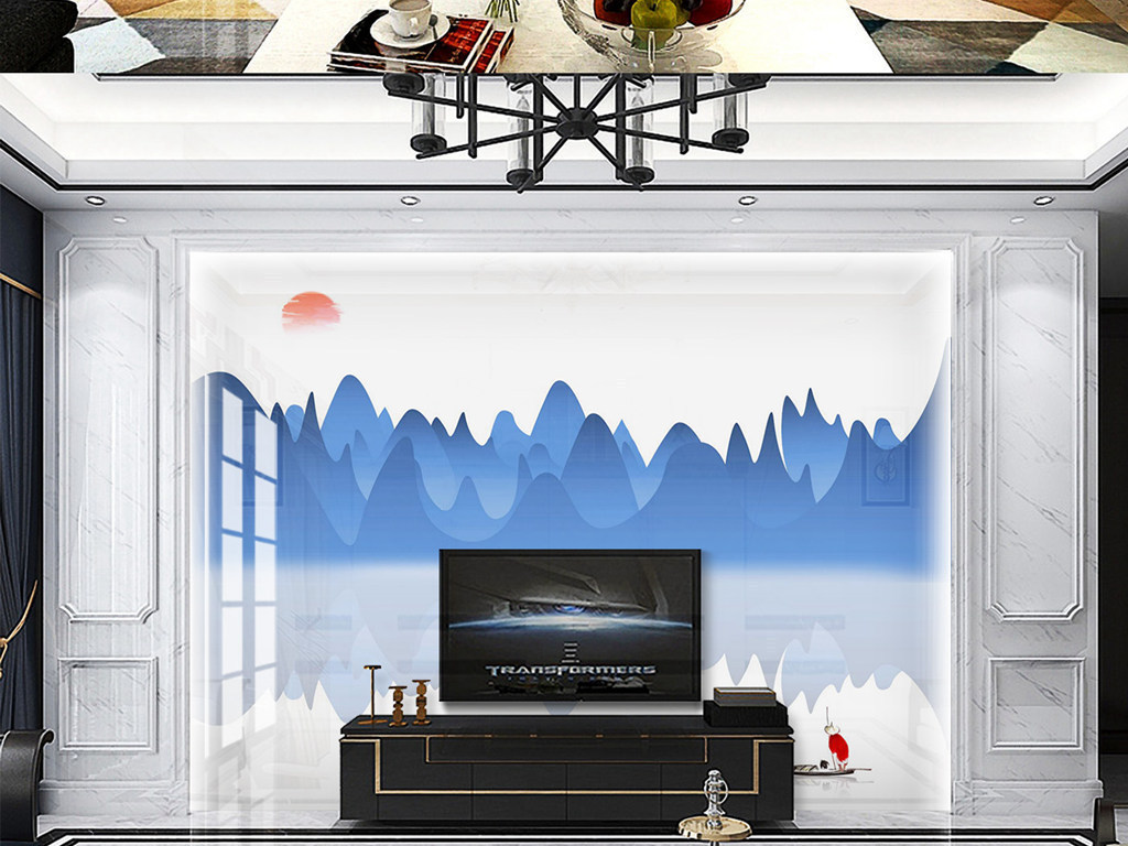 Y110018简约山水淡蓝色红日船电视背景墙