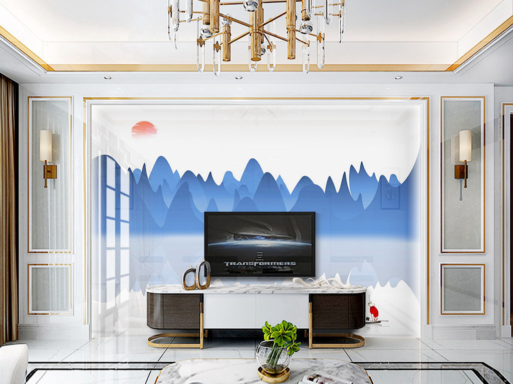 Y110018简约山水淡蓝色红日船电视背景墙