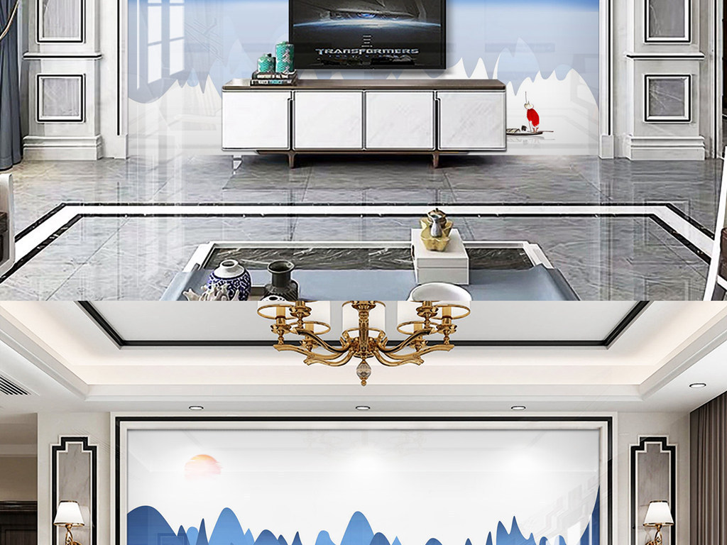 Y110018简约山水淡蓝色红日船电视背景墙