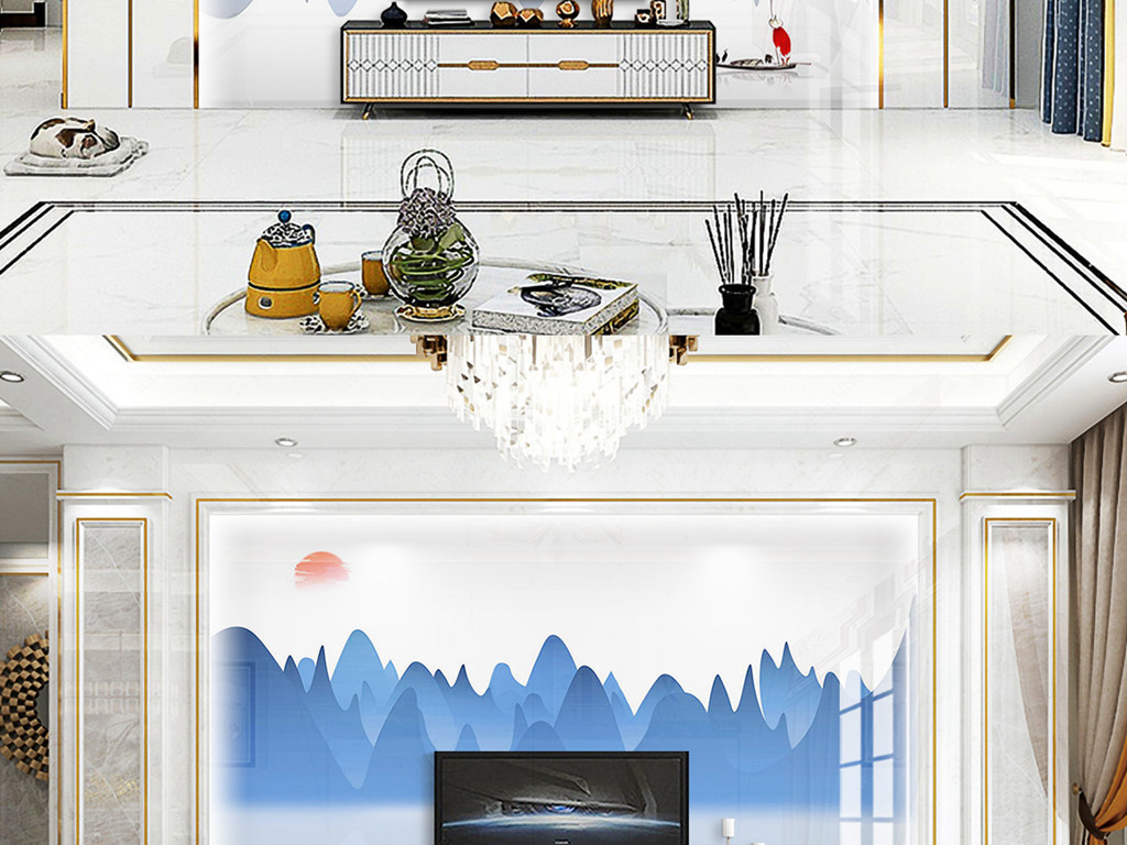 Y110018简约山水淡蓝色红日船电视背景墙