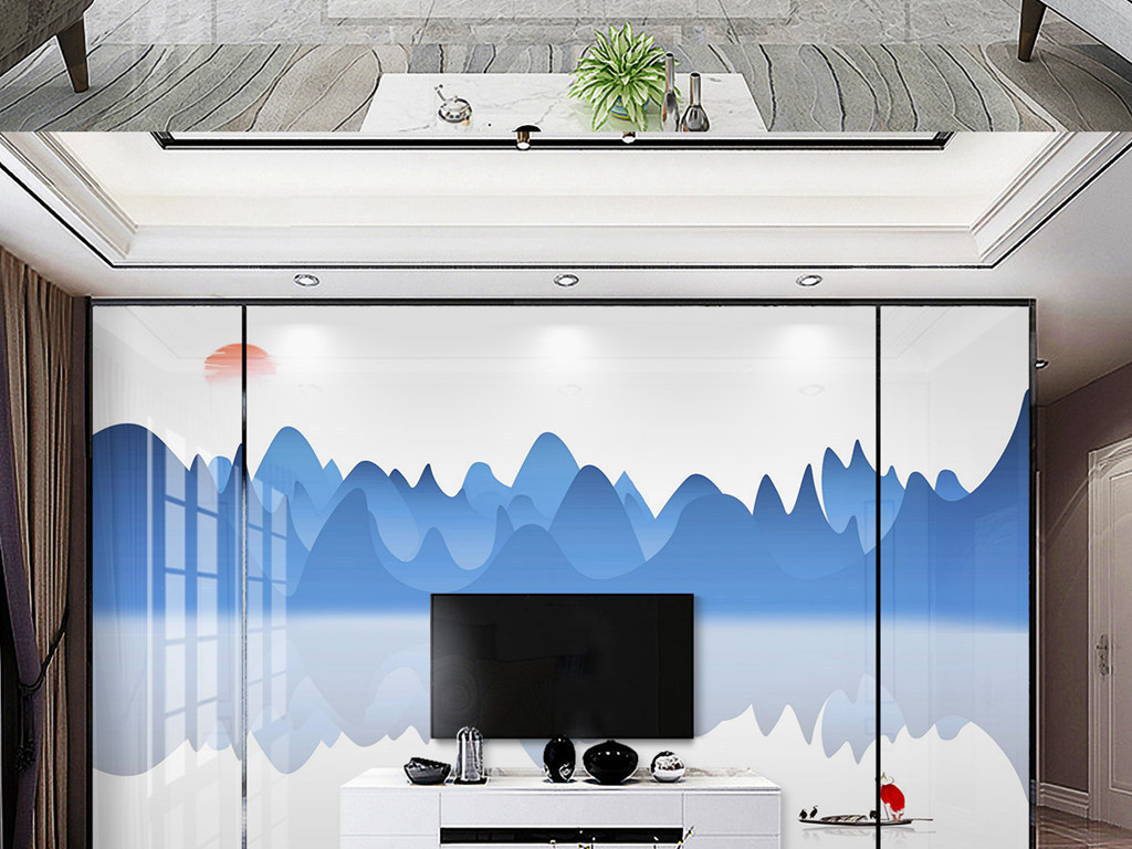 Y110018简约山水淡蓝色红日船电视背景墙