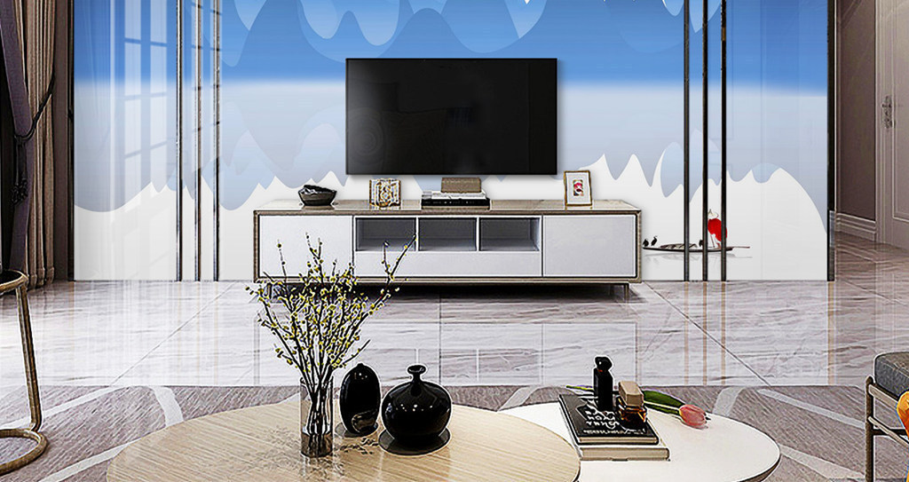 Y110018简约山水淡蓝色红日船电视背景墙