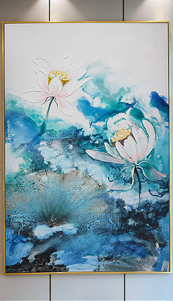 泼墨肌理蓝调荷花艺术装饰画