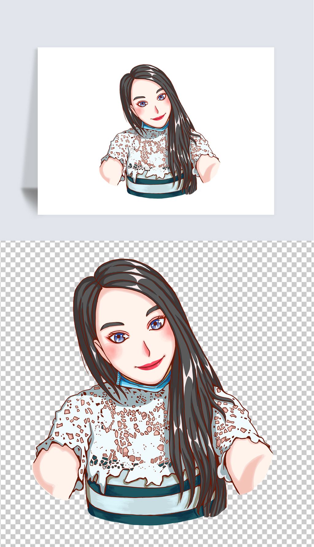 卡通手绘头像黑发漂亮女孩