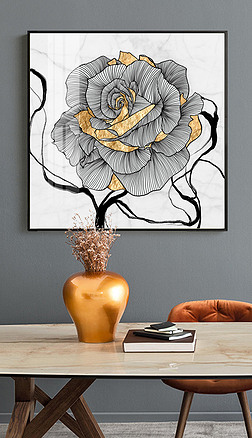 现代黑白纯手绘轻奢抽象线条铄金花卉玄关客厅装饰画