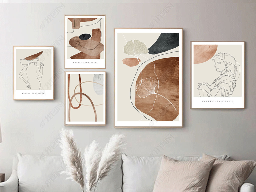 现代简约客厅多联装饰画北欧抽象背景墙画轻奢个性挂画创意侘寂风组合
