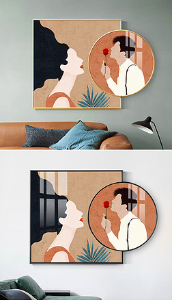 北欧简约手绘抽象人物情侣组合框中框装饰画