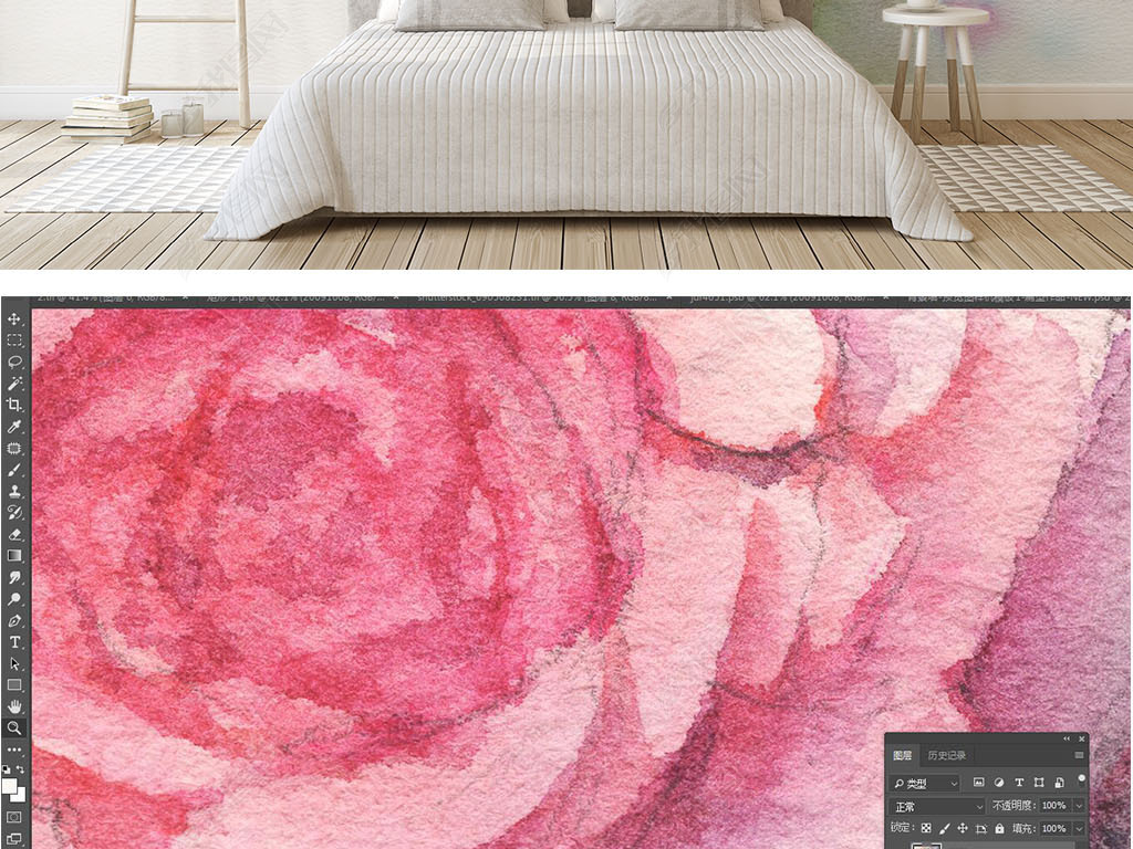 水彩手绘粉色玫瑰花并蒂花卧室电视背景墙