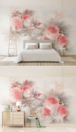 手绘水彩风格粉色玫瑰花朵电视背景墙壁画