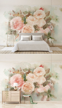 清新唯美手绘水彩玫瑰花朵婚房电视背景墙