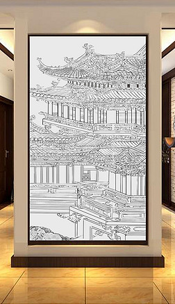 新中式古建筑玄关手绘线描肌理框画.rar