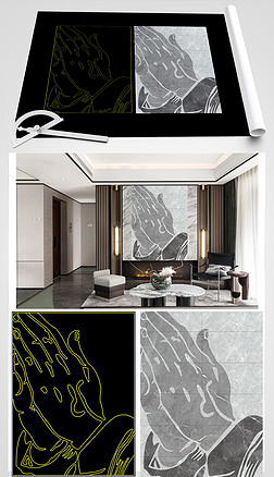 简约轻奢客厅玄关背景墙水刀拼花cad图库