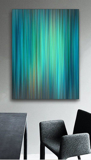 青春の河畔抽象靛蓝绿嫩黄混色竖条纹装饰画