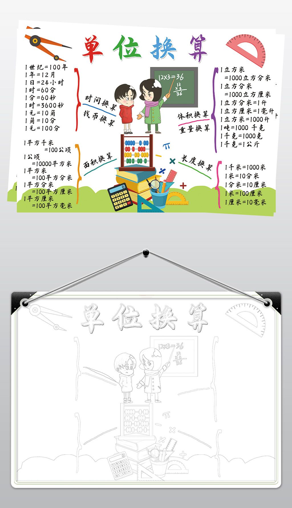 数学单位换算复习思维导图模板线描手抄报