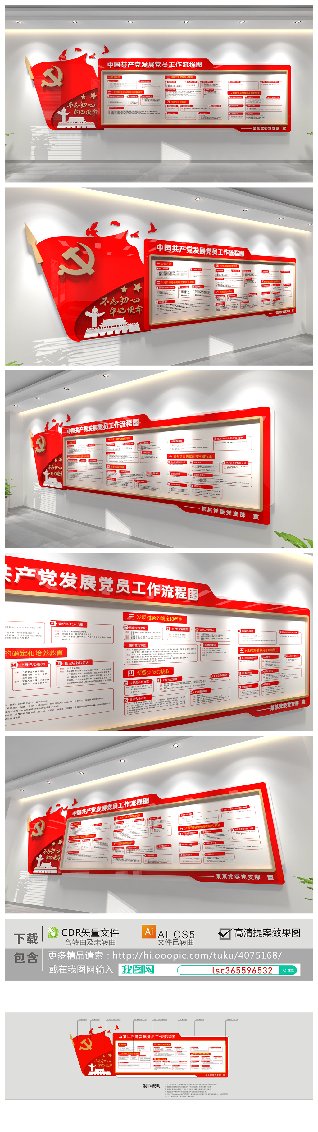 3D入党誓词发展党员工作流程图党建文化墙
