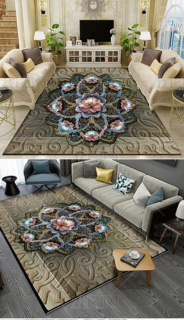 新中式莲花浮雕客厅沙发床头地毯