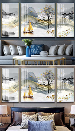 现代简约水墨山水线条轻奢客厅装饰画三联画