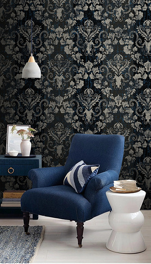 欧式大马士革复古深色壁纸墙纸工装墙布设计