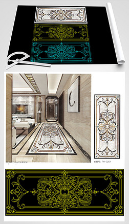 简约轻奢长方形过道水刀拼花cad图库
