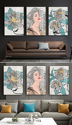现代简约纯手绘白描美女花卉抽象文艺装饰画