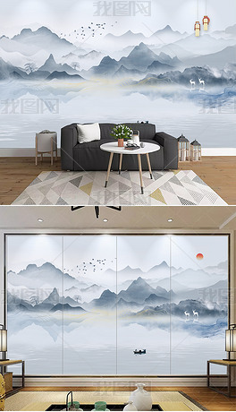 新中式写意水墨山水电视背景墙现代装饰画