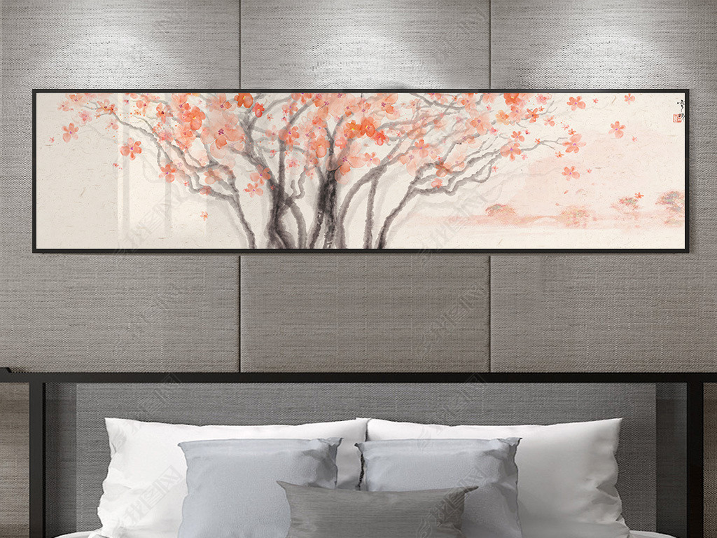 分层手绘水彩樱花树床头装饰画水彩花装饰画