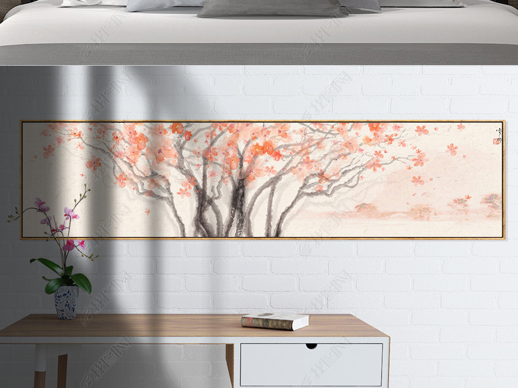 分层手绘水彩樱花树床头装饰画水彩花装饰画