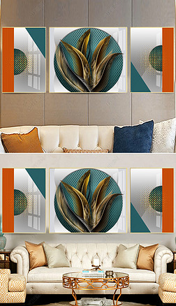 后现代轻奢爱马仕橙抽象羽毛三联装饰画