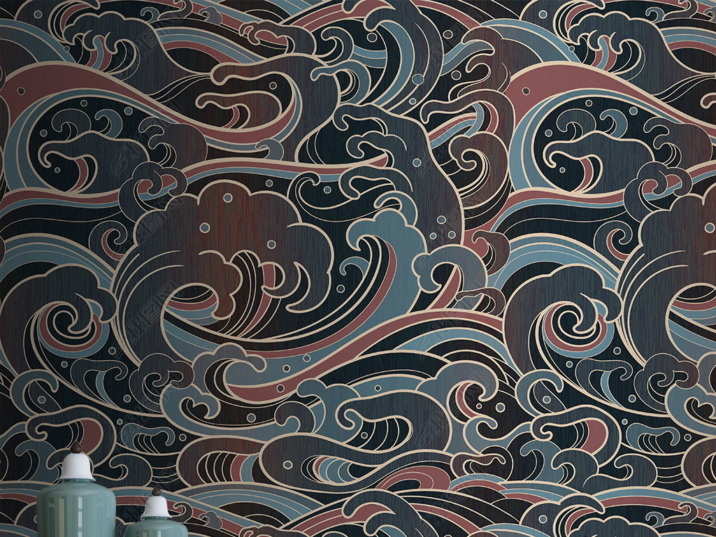 新中式祥云图案壁纸墙纸墙布电视背景墙