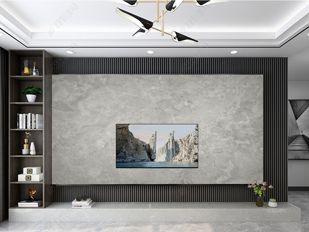 现代轻奢灰石材木格栅背景墙