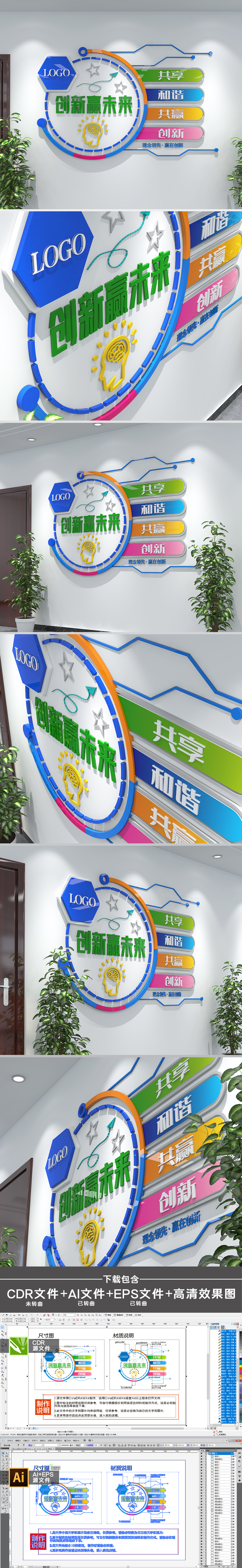 原创蓝色小型电路企业励志文化墙办公室文化墙-版权可商用