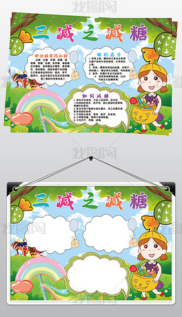 原创三减三健之减糖小报模板健康生活好习惯饮食线描手抄报素材版权可