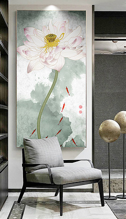 新中式禅意工笔荷花玄关背景墙装饰画