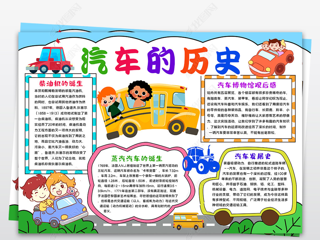 汽车博物馆小报科普展览汽车历史参观手抄报素材
