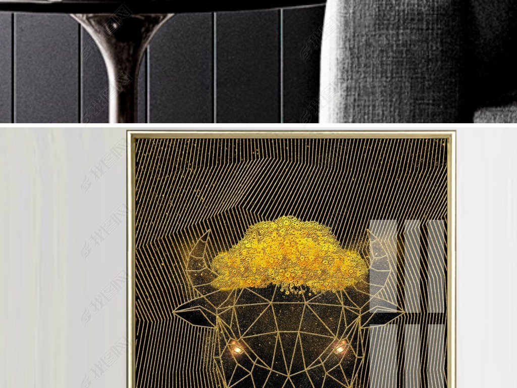 北欧抽象黑金几何线条羊头创意动物轻奢装饰画